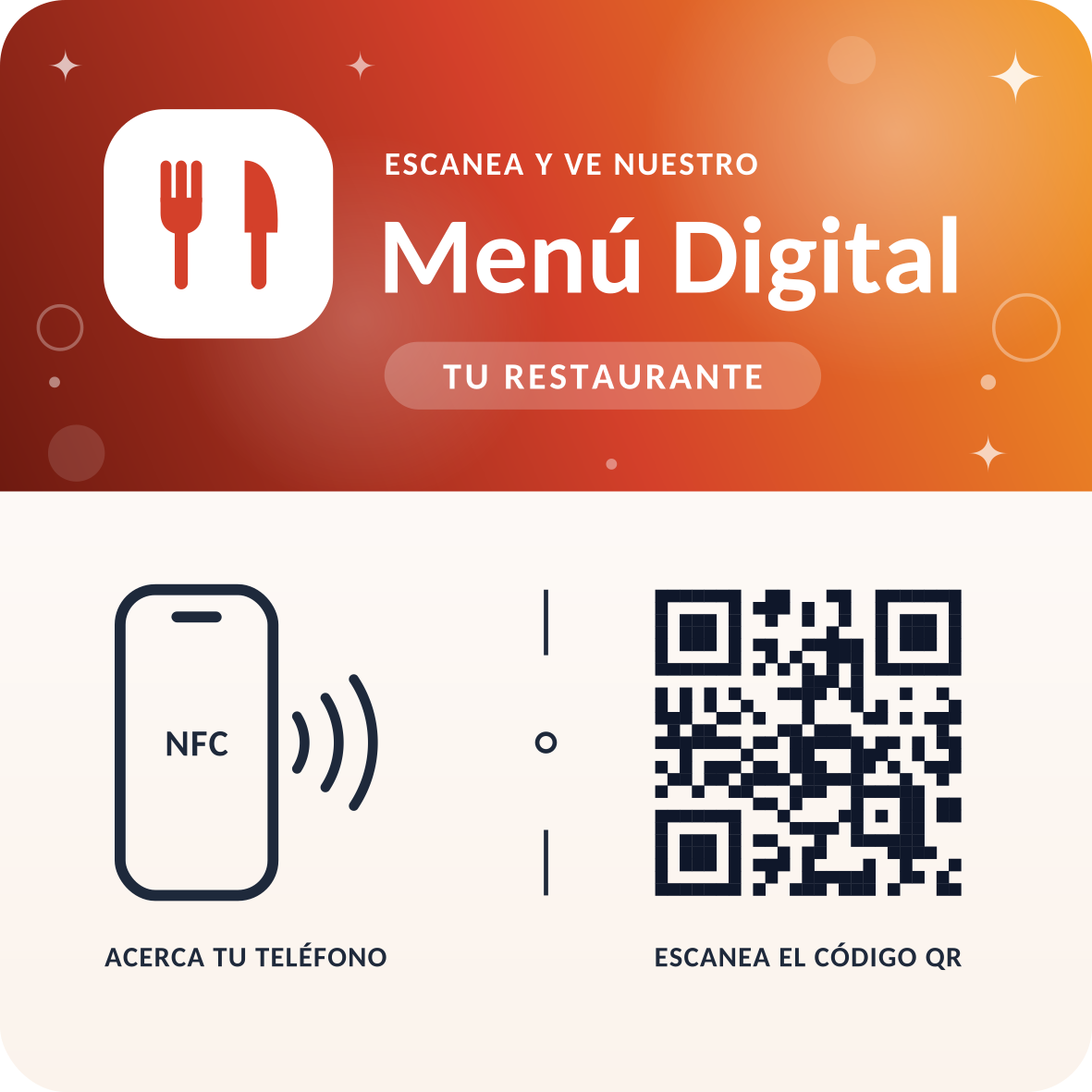 Placa NFC + QR con menú digital para mesas y mostradores