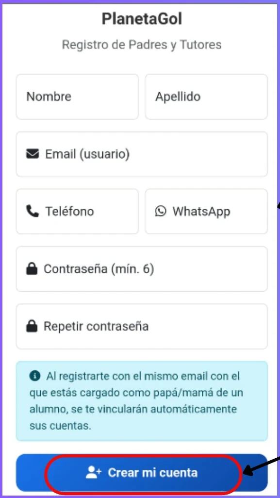 Registro de padres y tutores en el portal