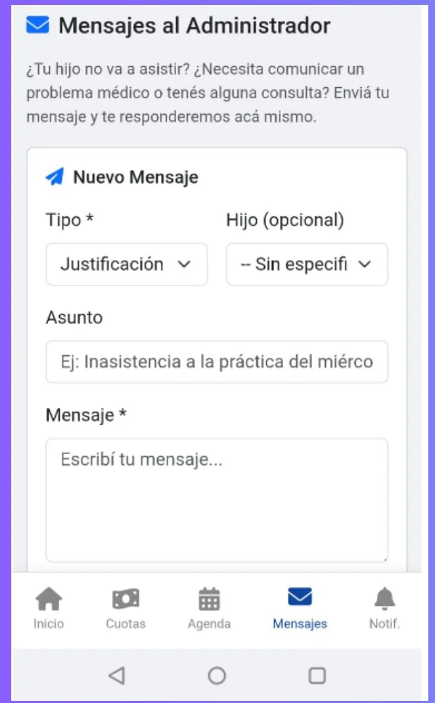 Sección de mensajes al administrador en el portal de padres